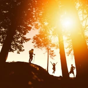 Family hiking at sunset