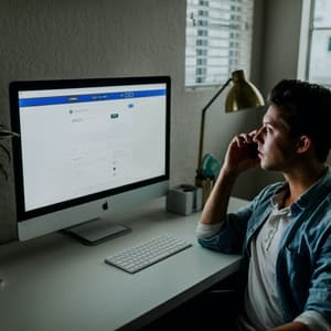 Man staring at desktop computer while on phone